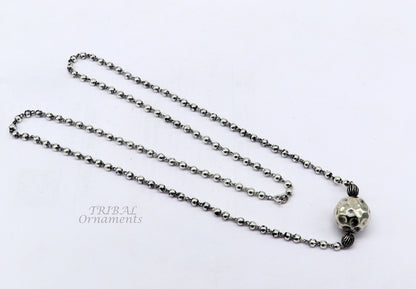 925 sterling silver 4mm bead ball chain necklace with antique tribal design ball pendant, part of TRIBAL ORNAMENTS jewelry set.