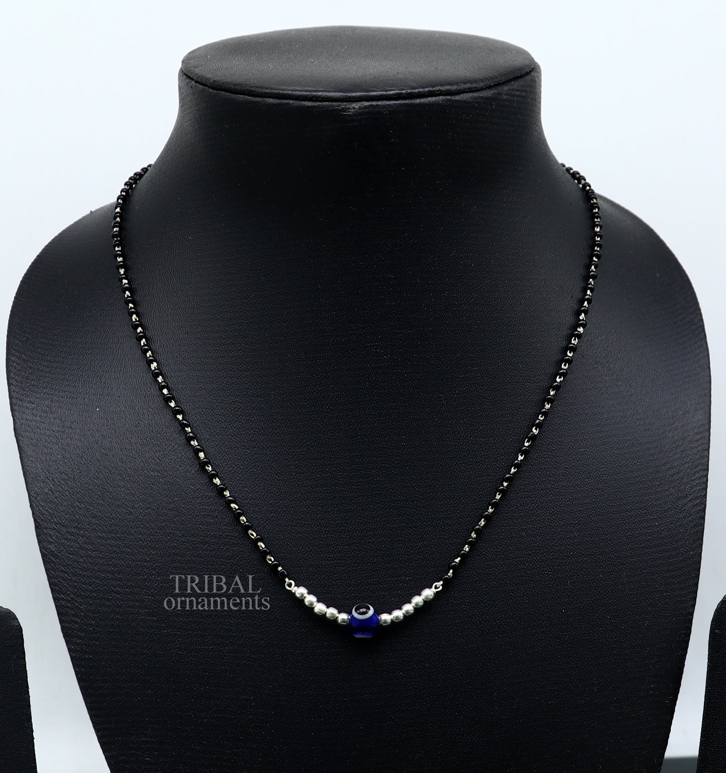 925 sterling silver black beads chain necklace, gorgeous small evil eye bead design pendant, traditional style chain beaded necklace set323 - TRIBAL ORNAMENTS
