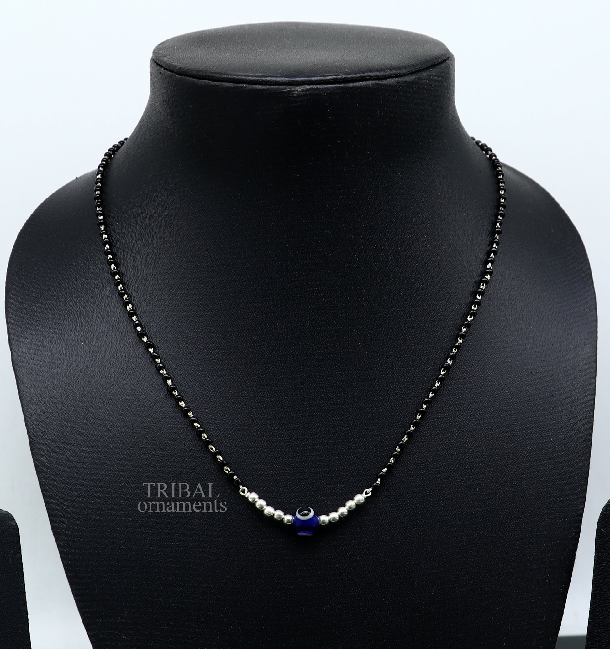 925 sterling silver black beads chain necklace, gorgeous small evil eye bead design pendant, traditional style chain beaded necklace set323 - TRIBAL ORNAMENTS