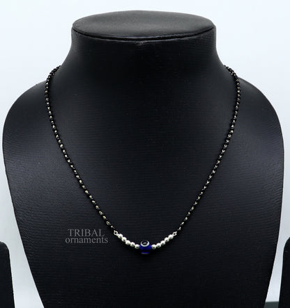 925 sterling silver black beads chain necklace with small evil eye pendant, traditional beaded jewelry by TRIBAL ORNAMENTS