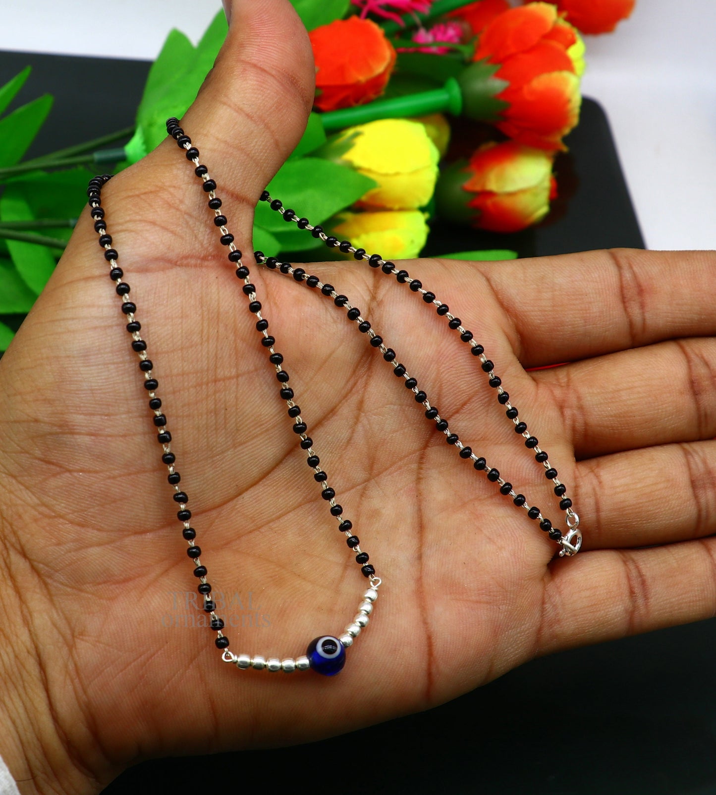 925 sterling silver black beads chain necklace, gorgeous small evil eye bead design pendant, traditional style chain beaded necklace set323 - TRIBAL ORNAMENTS