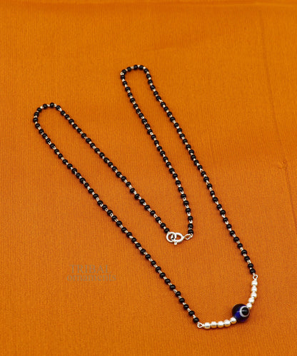 Sterling silver black beads chain necklace with small evil eye pendant, traditional beaded jewelry by TRIBAL ORNAMENTS.