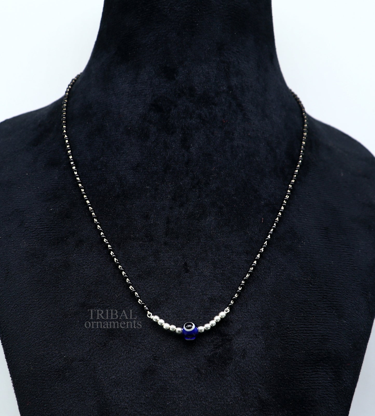 925 sterling silver black beads chain necklace, gorgeous small evil eye bead design pendant, traditional style chain beaded necklace set323 - TRIBAL ORNAMENTS