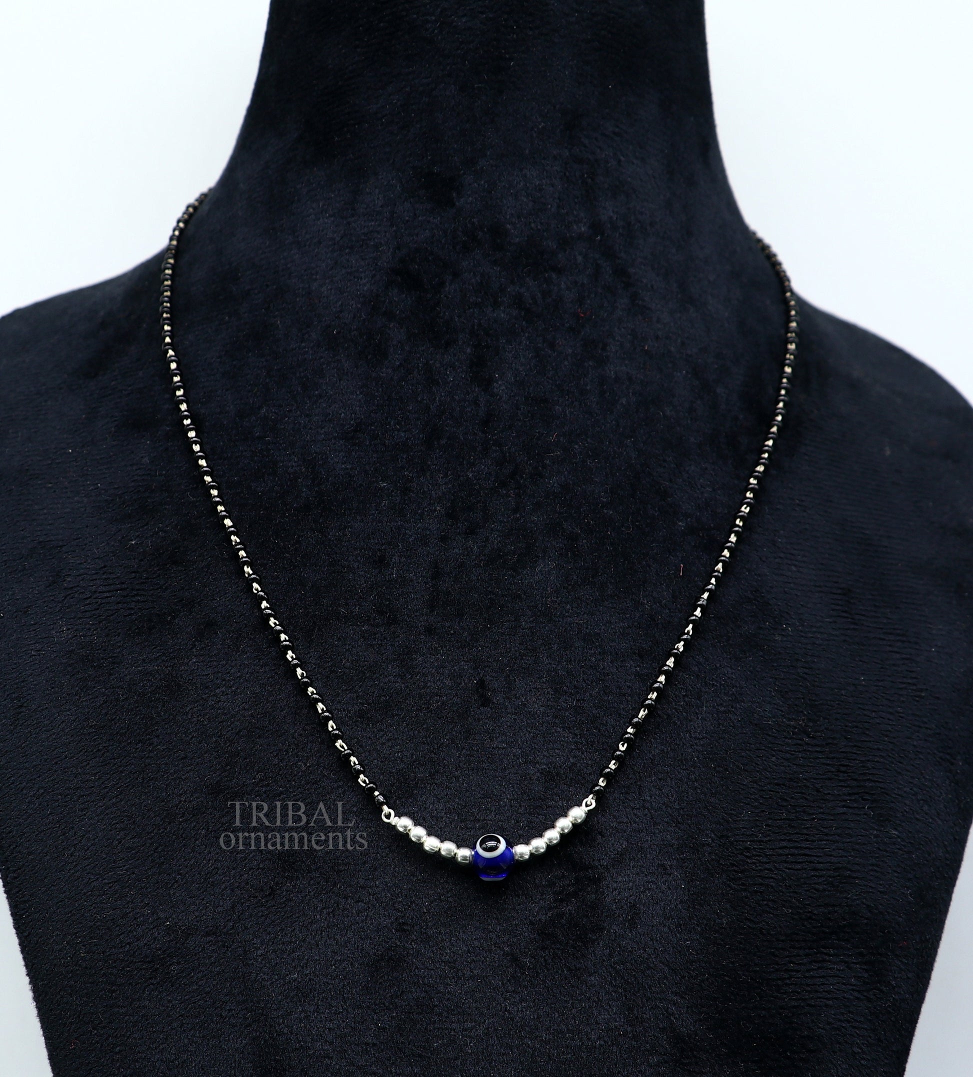 925 sterling silver black beads chain necklace, gorgeous small evil eye bead design pendant, traditional style chain beaded necklace set323 - TRIBAL ORNAMENTS
