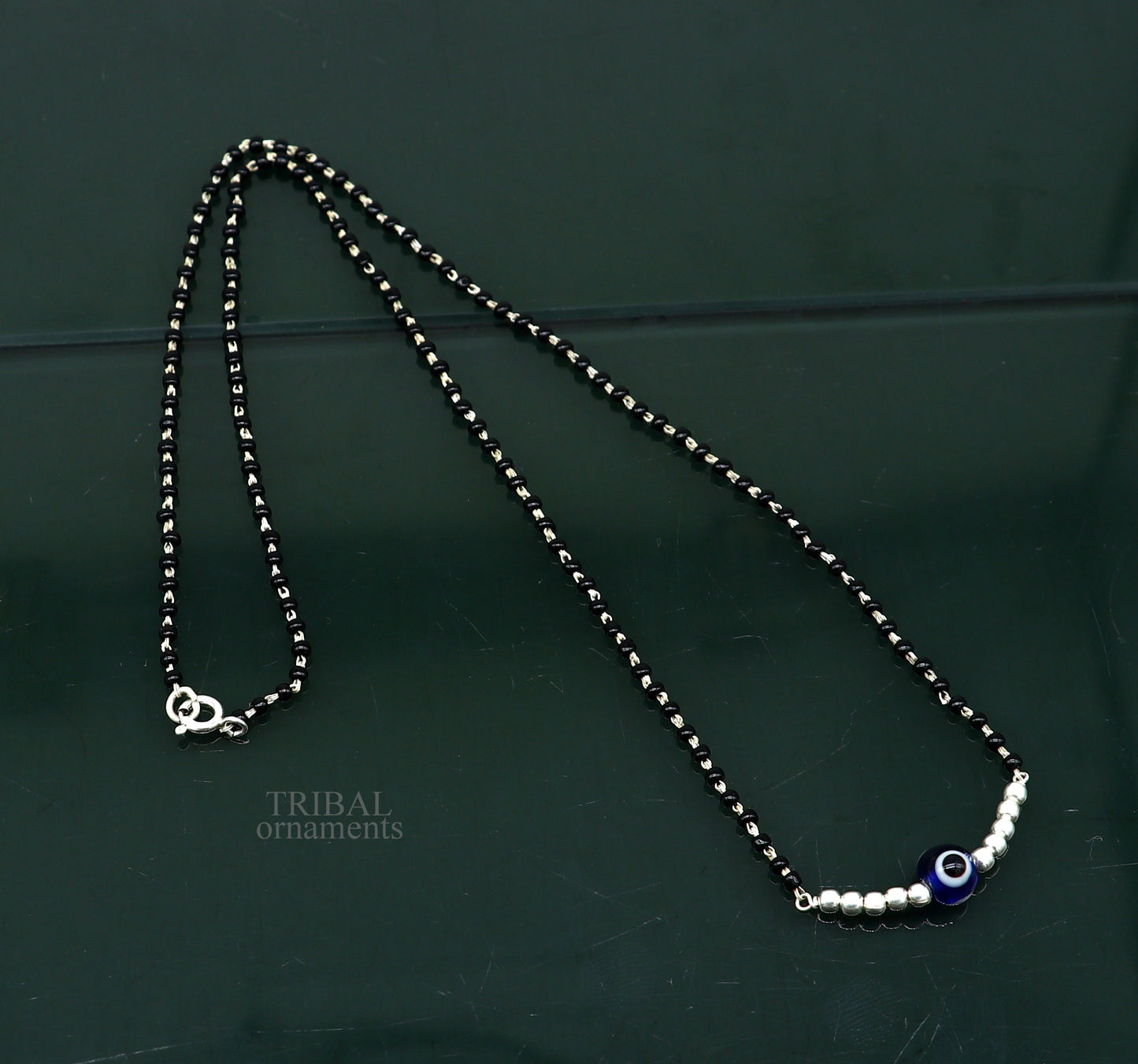 925 sterling silver black beads chain necklace, gorgeous small evil eye bead design pendant, traditional style chain beaded necklace set323 - TRIBAL ORNAMENTS