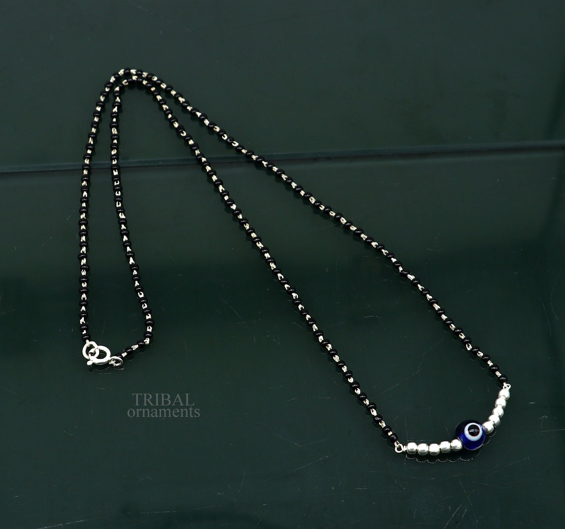 925 sterling silver black beads chain necklace, gorgeous small evil eye bead design pendant, traditional style chain beaded necklace set323 - TRIBAL ORNAMENTS