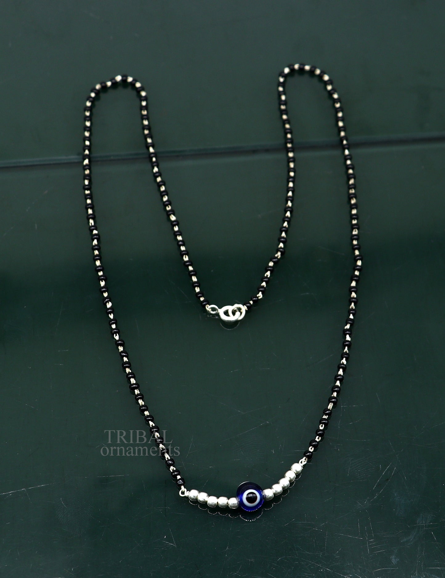 925 sterling silver black beads chain necklace, gorgeous small evil eye bead design pendant, traditional style chain beaded necklace set323 - TRIBAL ORNAMENTS