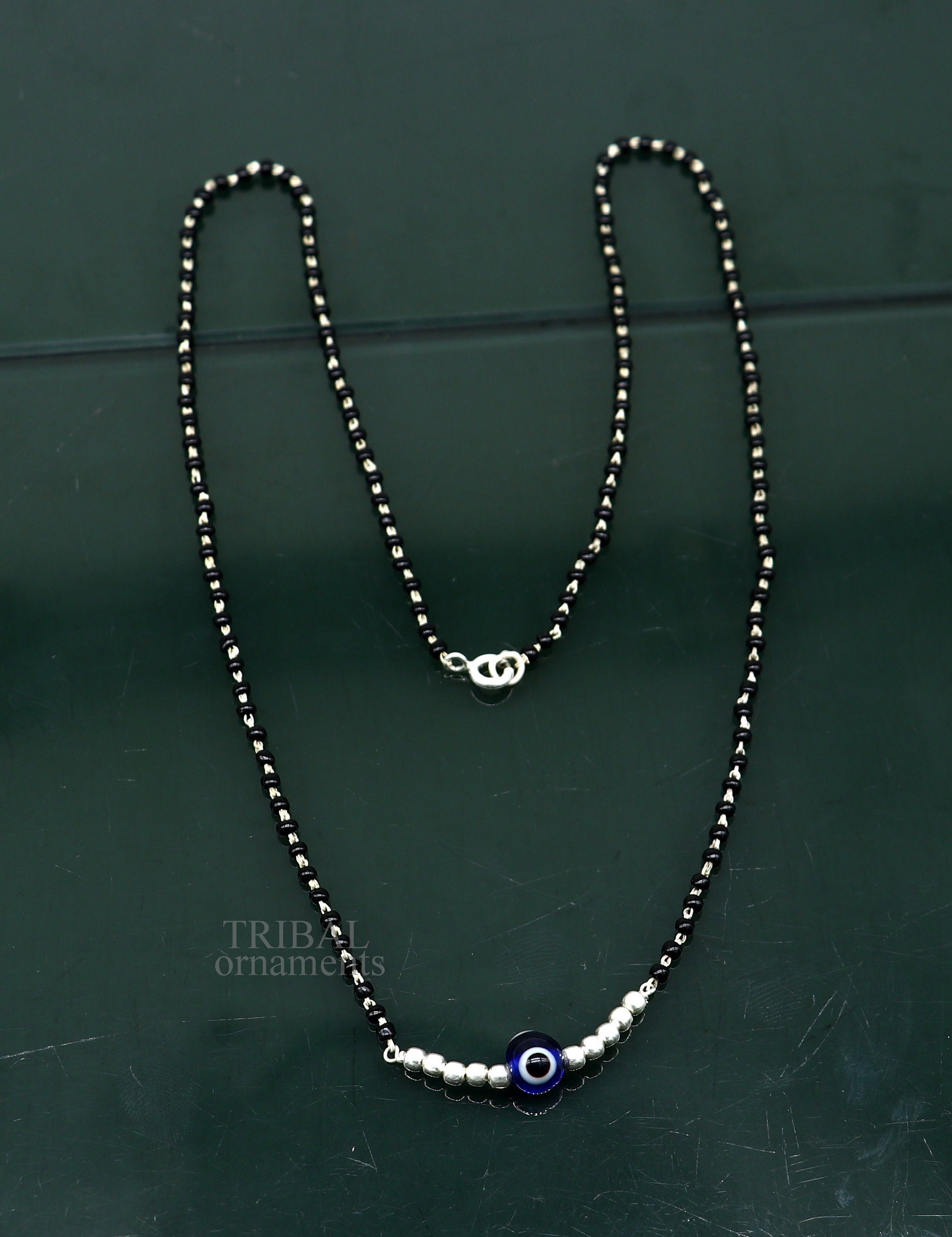 925 sterling silver black beads chain necklace, gorgeous small evil eye bead design pendant, traditional style chain beaded necklace set323 - TRIBAL ORNAMENTS