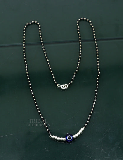 925 sterling silver black beads chain necklace with small evil eye bead pendant, traditional beaded jewelry by TRIBAL ORNAMENTS