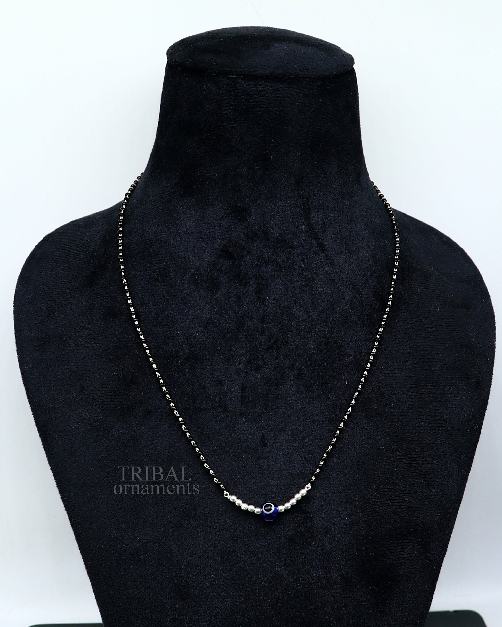 925 sterling silver black beads chain necklace, gorgeous small evil eye bead design pendant, traditional style chain beaded necklace set323 - TRIBAL ORNAMENTS