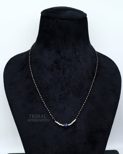 925 sterling silver black beads chain necklace with small evil eye bead pendant, traditional beaded jewelry by TRIBAL ORNAMENTS