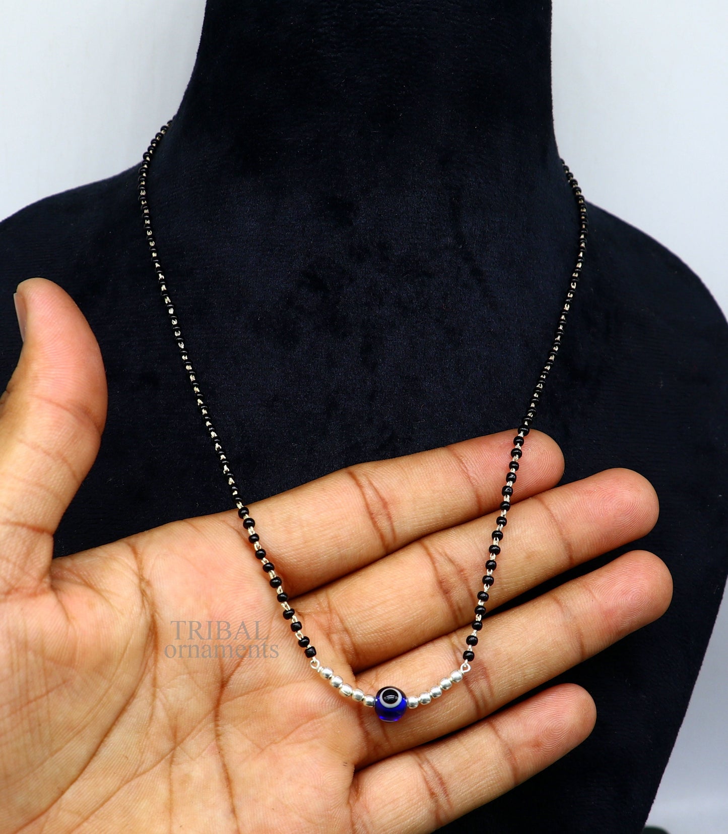 925 sterling silver black beads chain necklace, gorgeous small evil eye bead design pendant, traditional style chain beaded necklace set323 - TRIBAL ORNAMENTS