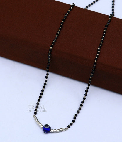 925 sterling silver black beads chain necklace with small evil eye pendant, traditional beaded jewelry by TRIBAL ORNAMENTS.