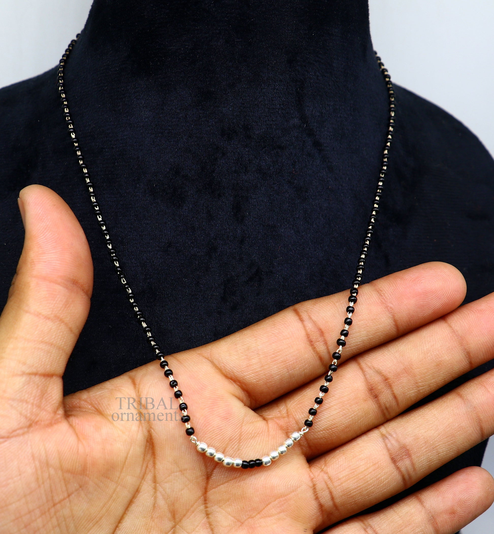 925 sterling silver black beads chain necklace, gorgeous small silver balls design pendant, traditional style chain beaded necklace set322 - TRIBAL ORNAMENTS