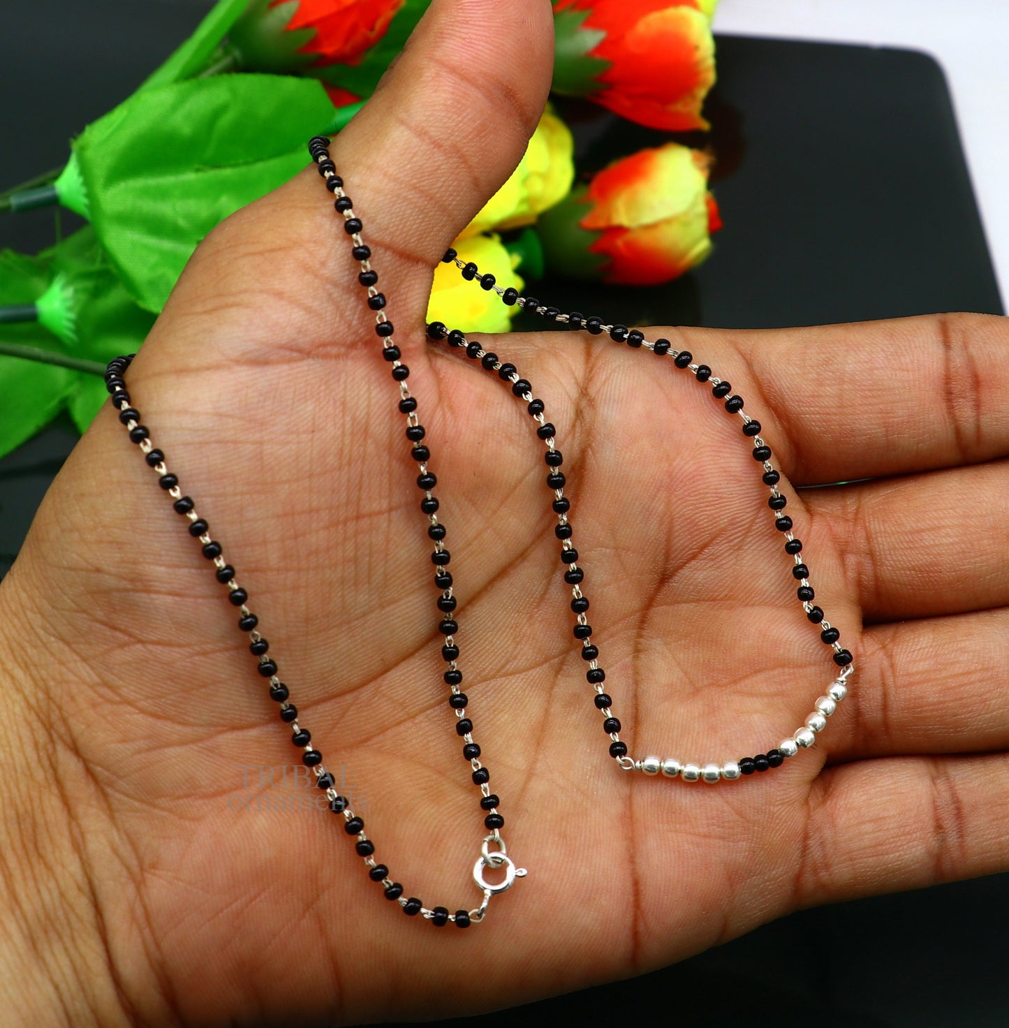 925 sterling silver black beads chain necklace, gorgeous small silver balls design pendant, traditional style chain beaded necklace set322 - TRIBAL ORNAMENTS