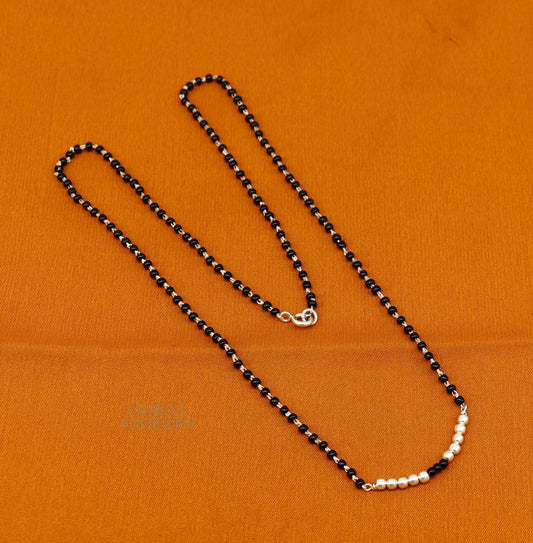 925 sterling silver black beads chain necklace, gorgeous small silver balls design pendant, traditional style chain beaded necklace set322 - TRIBAL ORNAMENTS