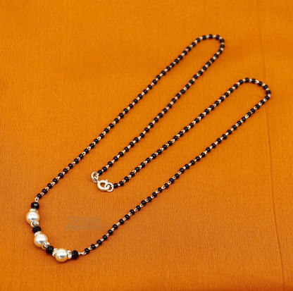 925 sterling silver black beads chain necklace with small silver bead pendant, traditional style beaded jewelry by Tribal Ornaments.