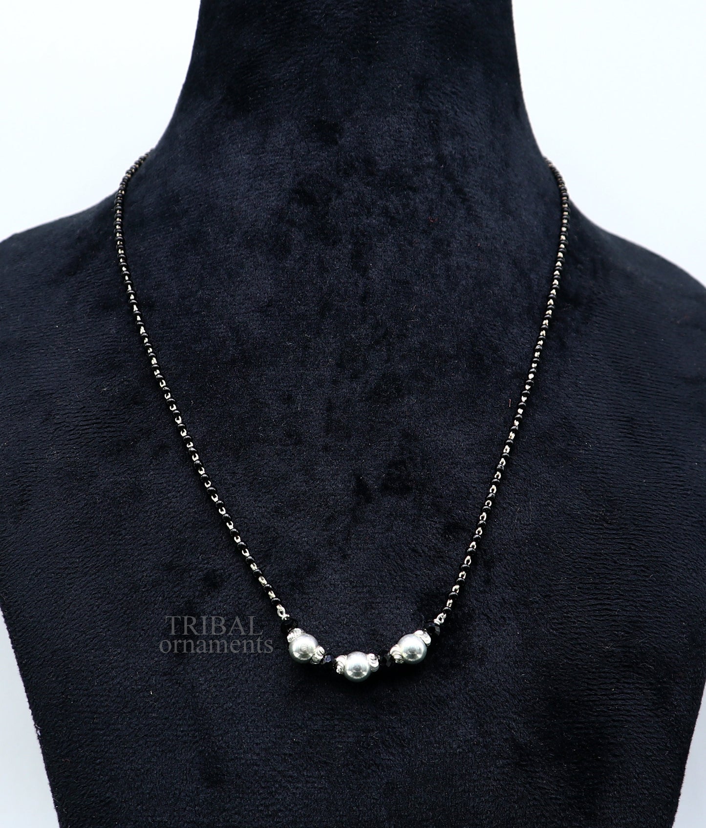 925 sterling silver black beads chain necklace, gorgeous small silver bead design pendant, traditional style chain beaded necklace set324 - TRIBAL ORNAMENTS
