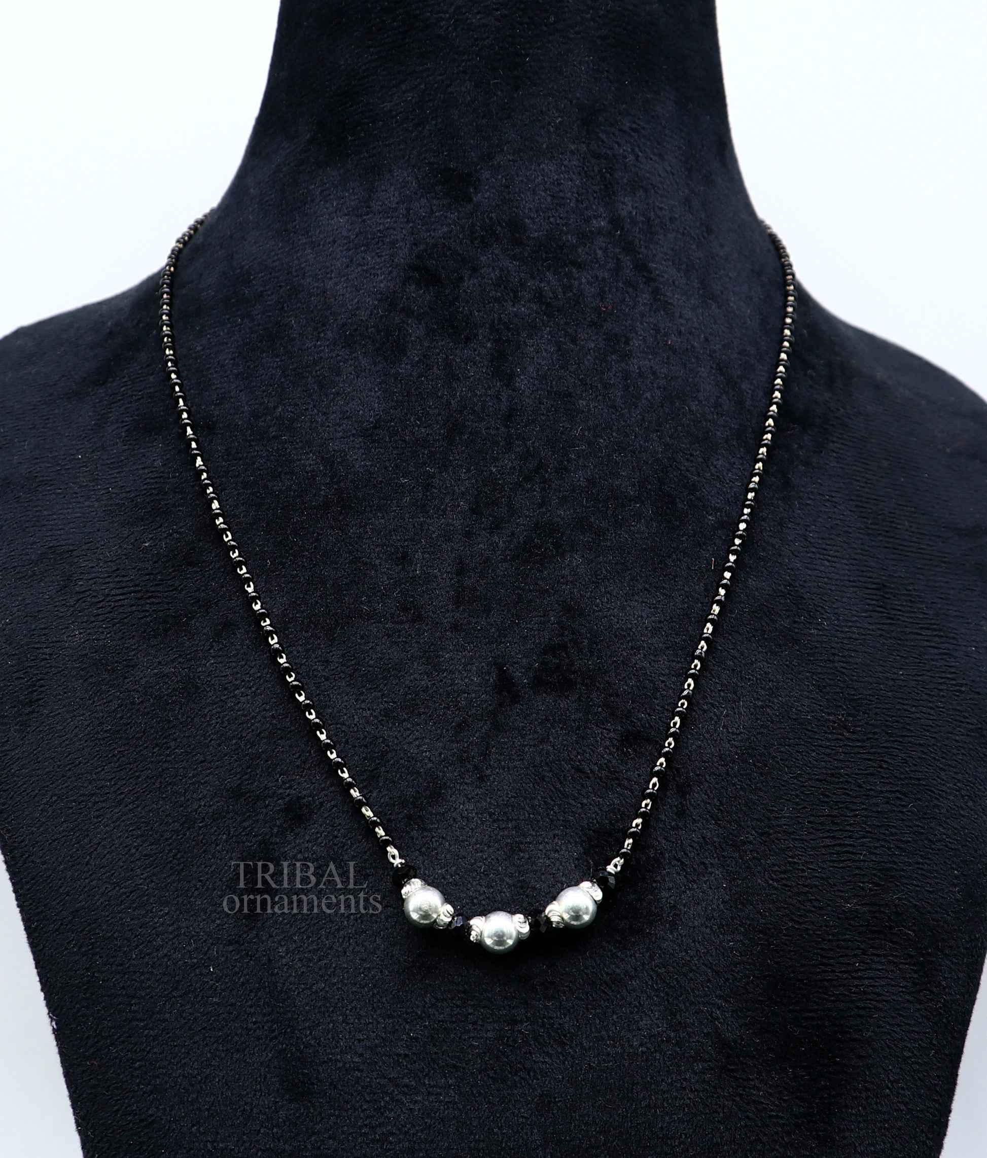 925 sterling silver black beads chain necklace, gorgeous small silver bead design pendant, traditional style chain beaded necklace set324 - TRIBAL ORNAMENTS