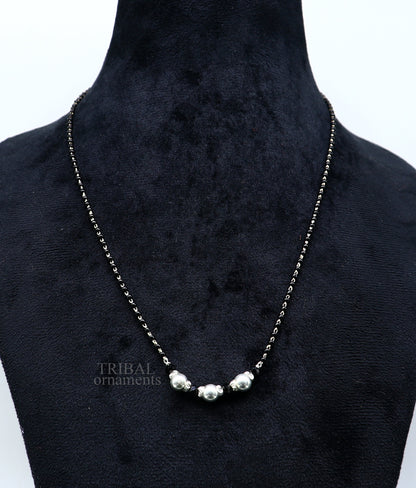 925 sterling silver black beads chain necklace with small silver bead pendant, traditional style jewelry by TRIBAL ORNAMENTS