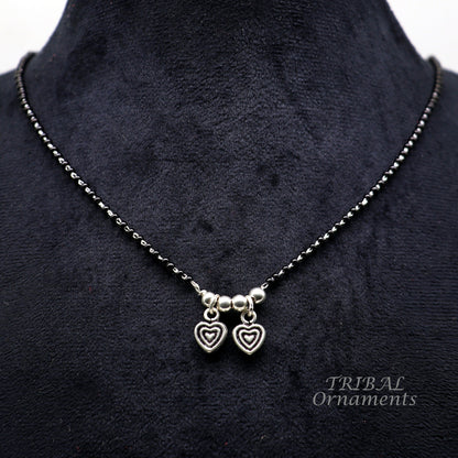 925 sterling silver black beads chain necklace with traditional South Indian style pendant, vintage bridal Mangalsutra by TRIBAL ORNAMENTS.