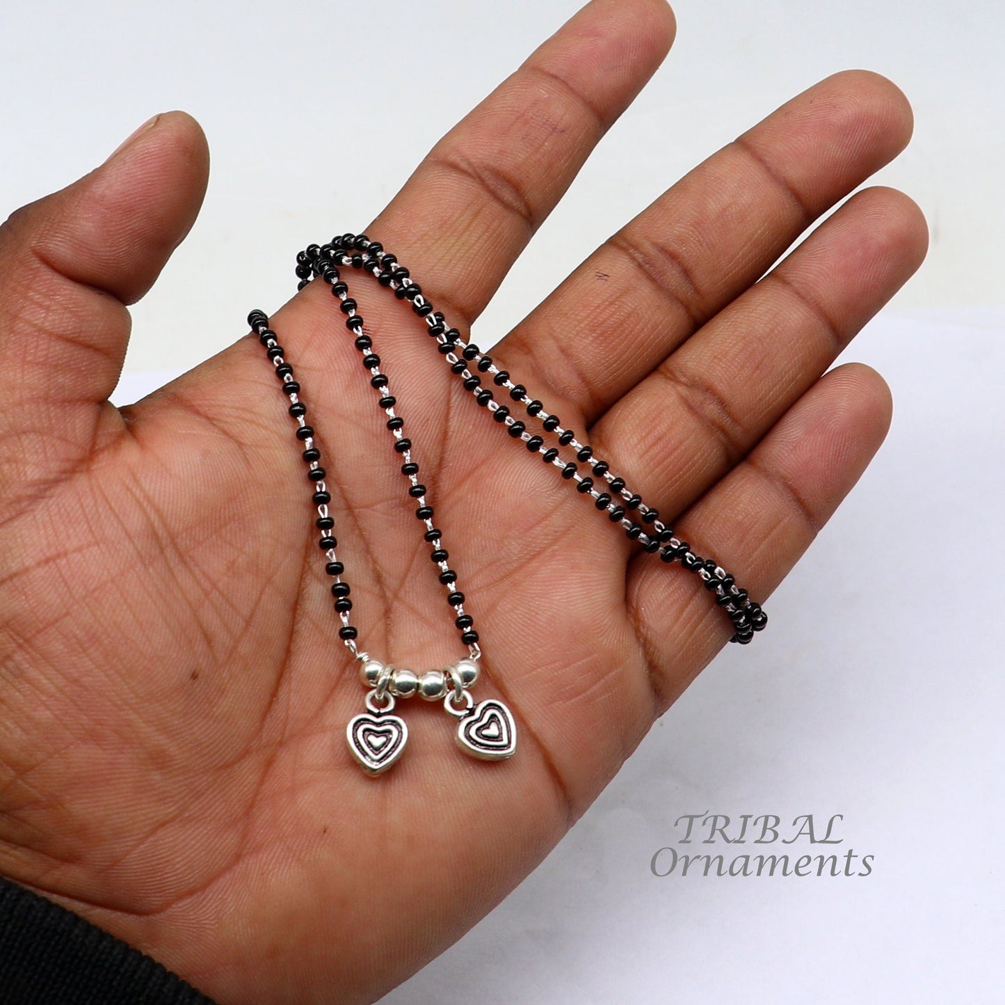 925 sterling silver black beads chain necklace, vintage south indian Style pendant, traditional style brides Mangalsutra necklace set505 - TRIBAL ORNAMENTS
