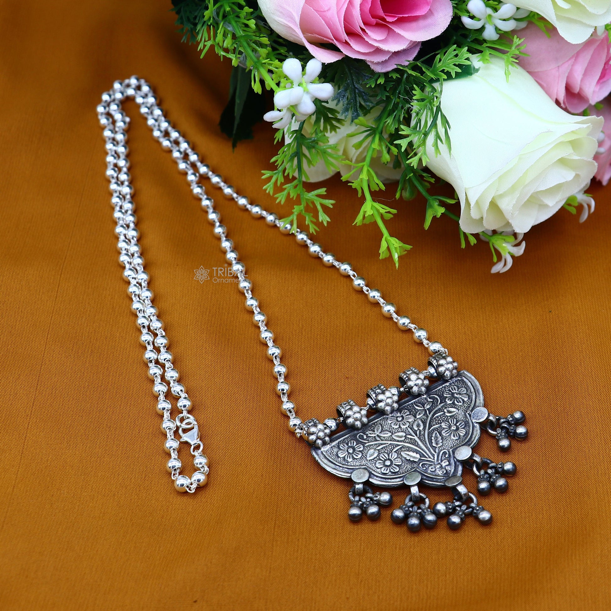 925 sterling silver beaded long necklace with traditional tribal design, handmade jewelry by TRIBAL ORNAMENTS.