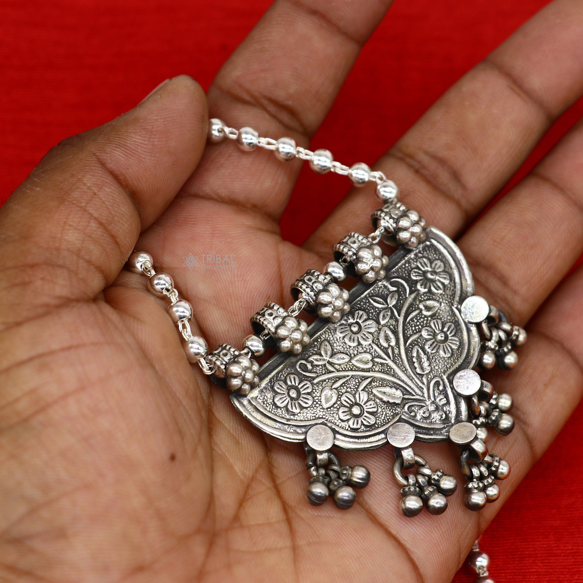925 sterling silver beaded long necklace with traditional tribal design, handmade jewelry by TRIBAL ORNAMENTS.