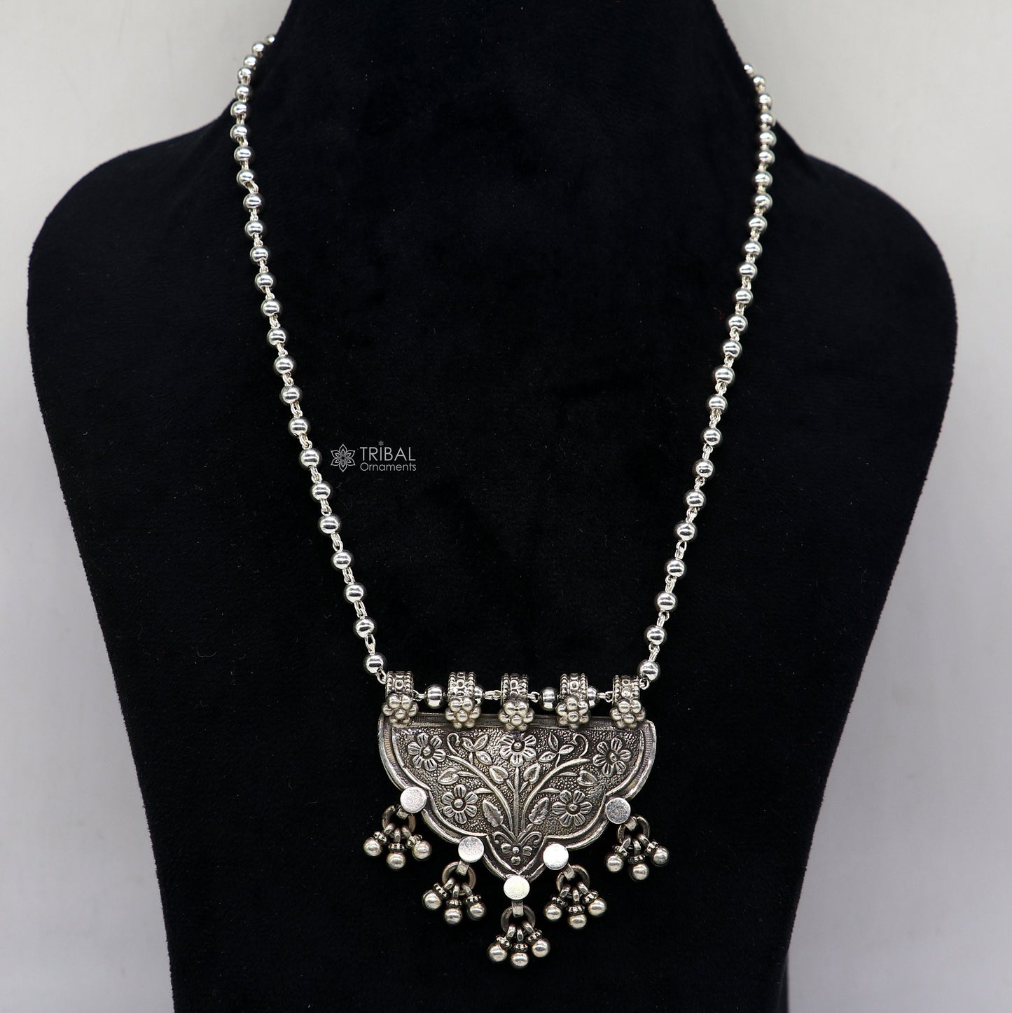 925 sterling silver 4mm beaded long tribal necklace with traditional cultural design by TRIBAL ORNAMENTS