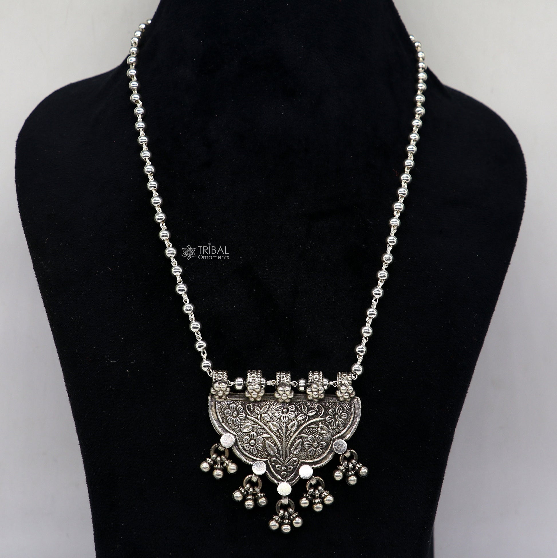 925 sterling silver 4mm beaded long tribal necklace with traditional cultural design by TRIBAL ORNAMENTS