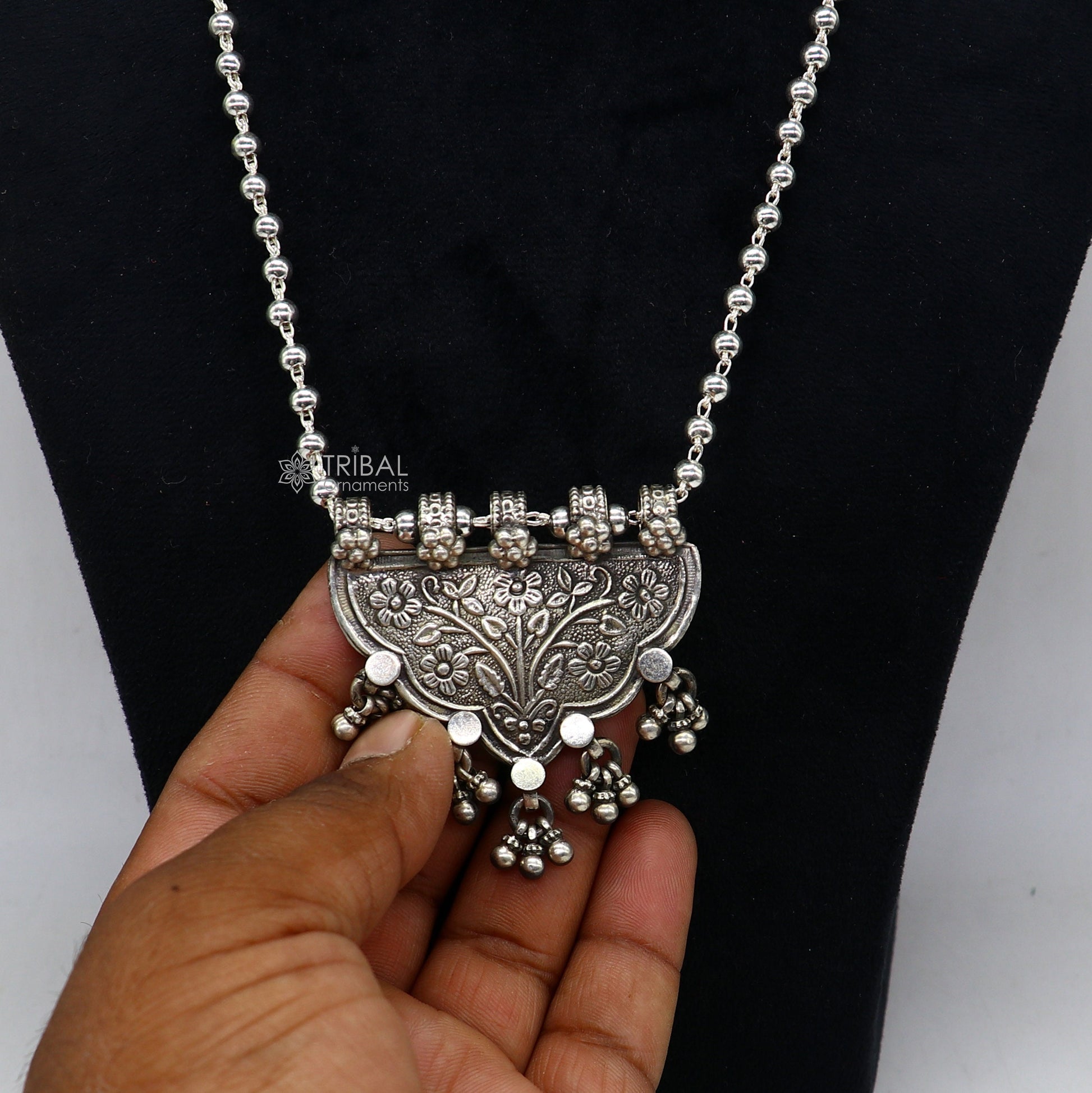 Handmade 925 sterling silver 4mm beaded long necklace with traditional tribal design by Tribal Ornaments.