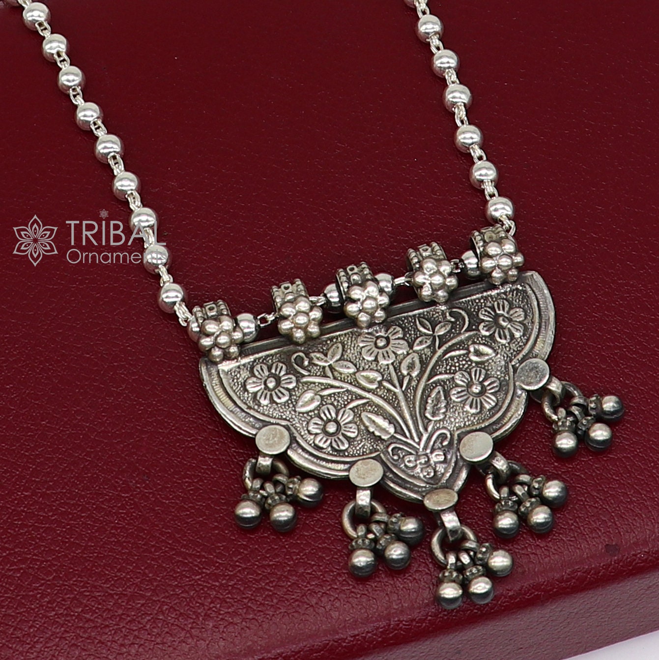 925 sterling silver beaded long necklace with traditional tribal design, handmade jewelry by TRIBAL ORNAMENTS, functional and cultural.