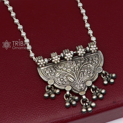 925 sterling silver beaded long necklace with traditional tribal design, handmade jewelry by TRIBAL ORNAMENTS, functional and cultural.