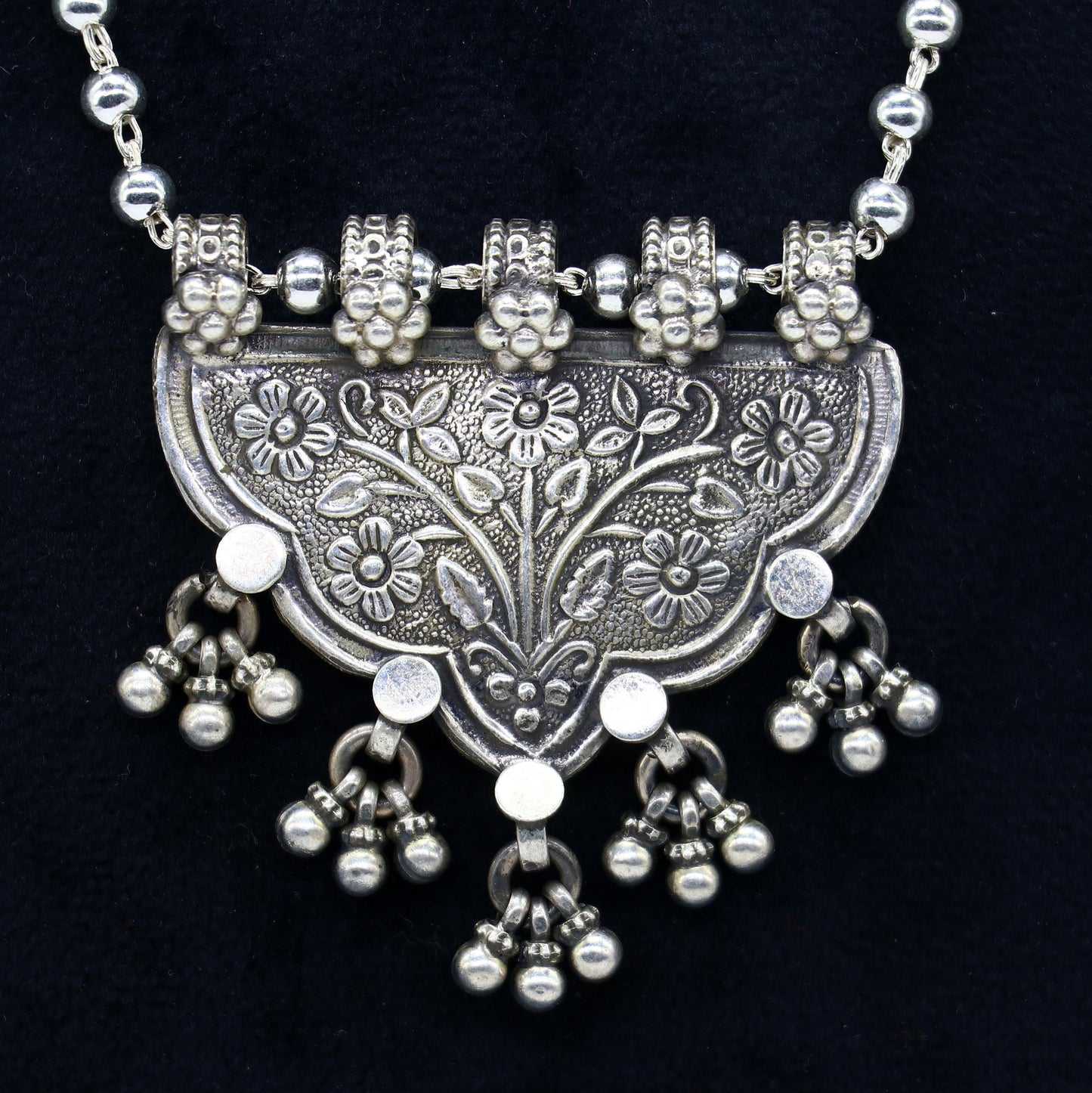 925 sterling silver beaded long necklace with traditional tribal design, handmade jewelry by TRIBAL ORNAMENTS.