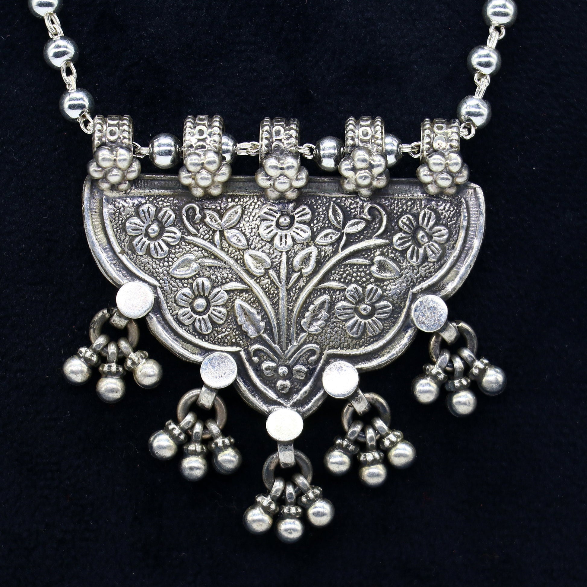 925 sterling silver beaded long necklace with traditional tribal design, handmade jewelry by TRIBAL ORNAMENTS.