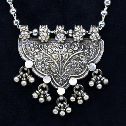 925 sterling silver beaded long necklace with traditional tribal design, handmade jewelry by TRIBAL ORNAMENTS.