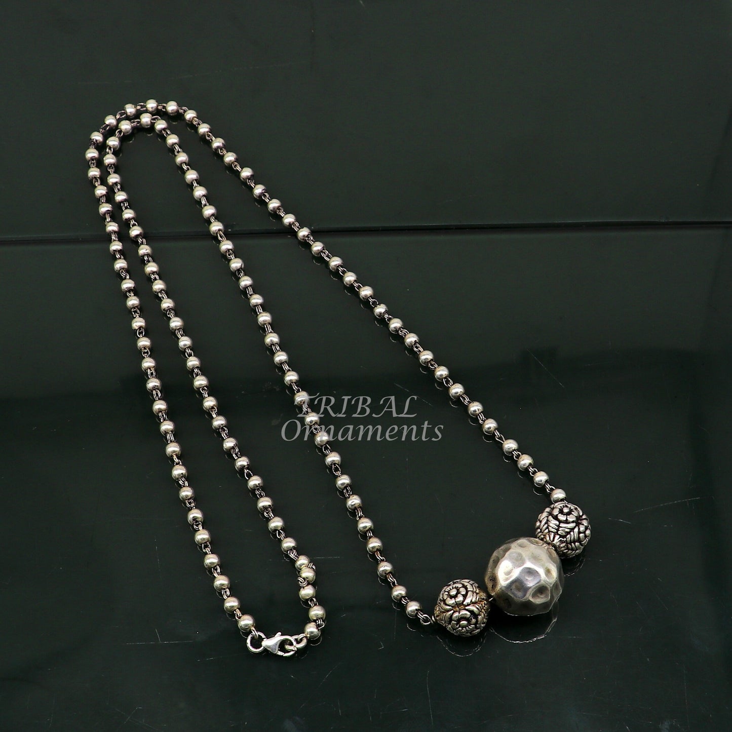 925 sterling silver handmade 4mm beads long necklace, unique ball design pendant traditional cultural functional necklace jewelry  set542 - TRIBAL ORNAMENTS