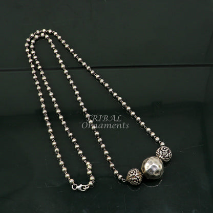 Sterling silver handmade 4mm bead long necklace with unique ball pendant, traditional cultural jewelry by TRIBAL ORNAMENTS.