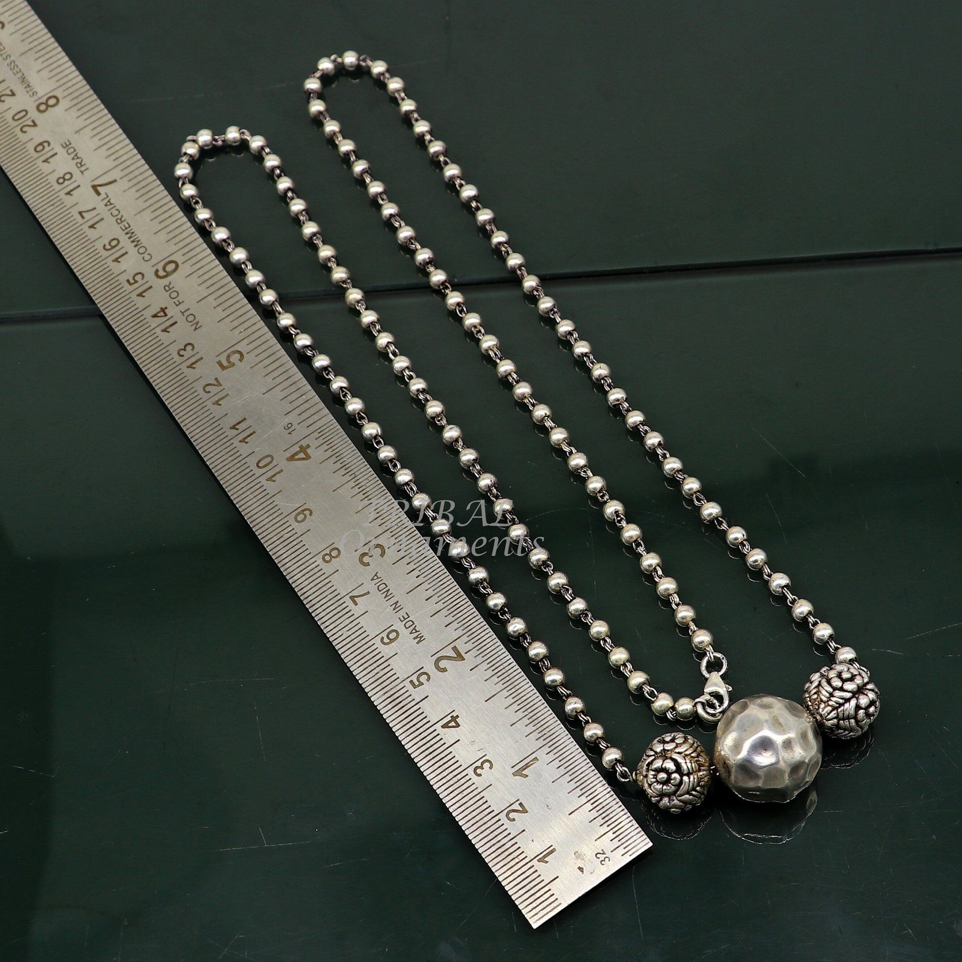 925 sterling silver handmade 4mm beads long necklace, unique ball design pendant traditional cultural functional necklace jewelry  set542 - TRIBAL ORNAMENTS