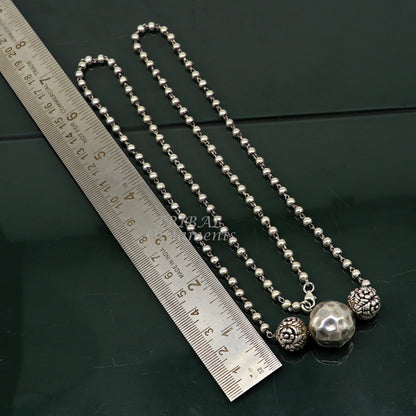 Sterling silver handmade 4mm bead long necklace with a unique ball design pendant, traditional cultural jewelry by Tribal Ornaments.