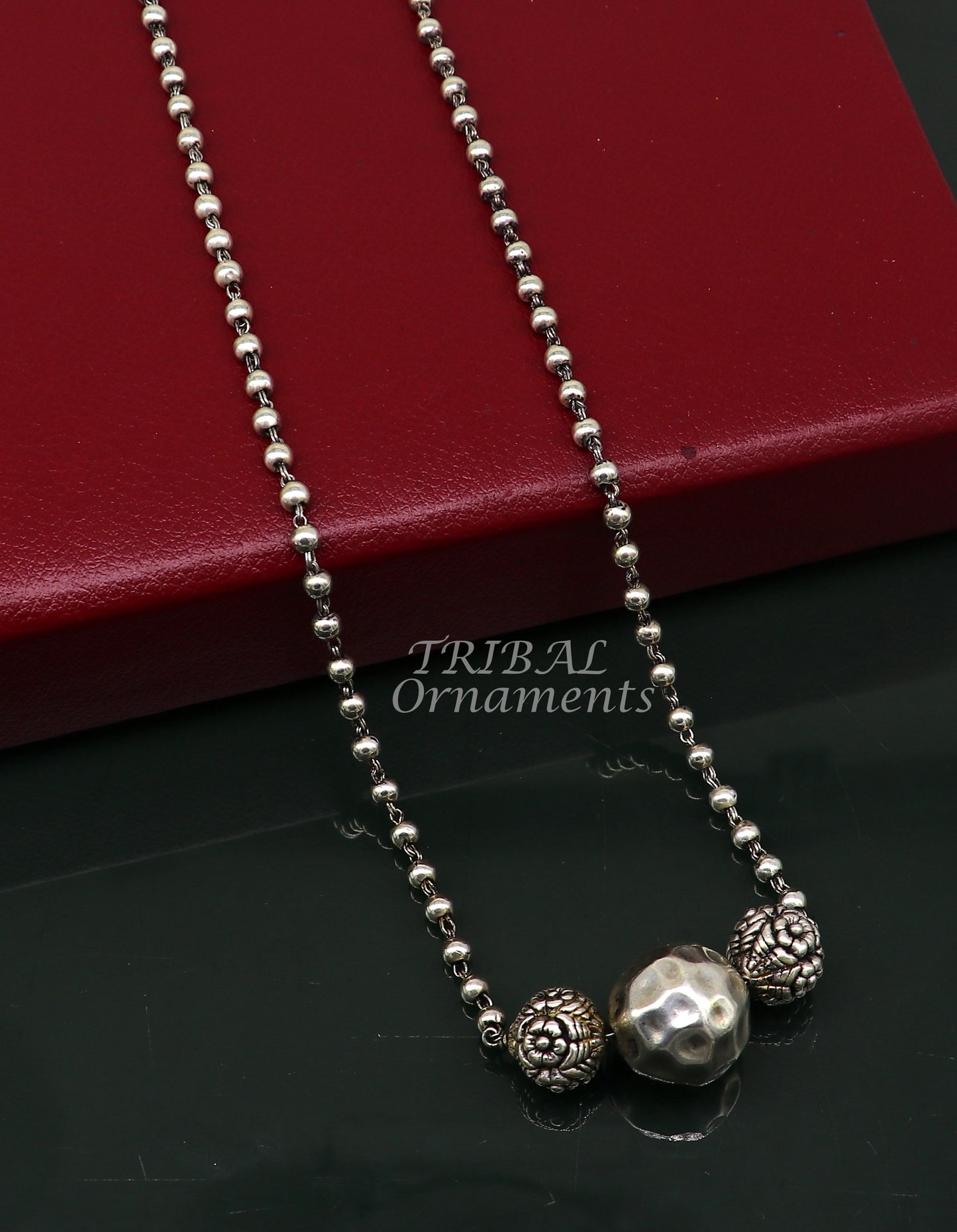 925 sterling silver handmade 4mm beads long necklace, unique ball design pendant traditional cultural functional necklace jewelry  set542 - TRIBAL ORNAMENTS