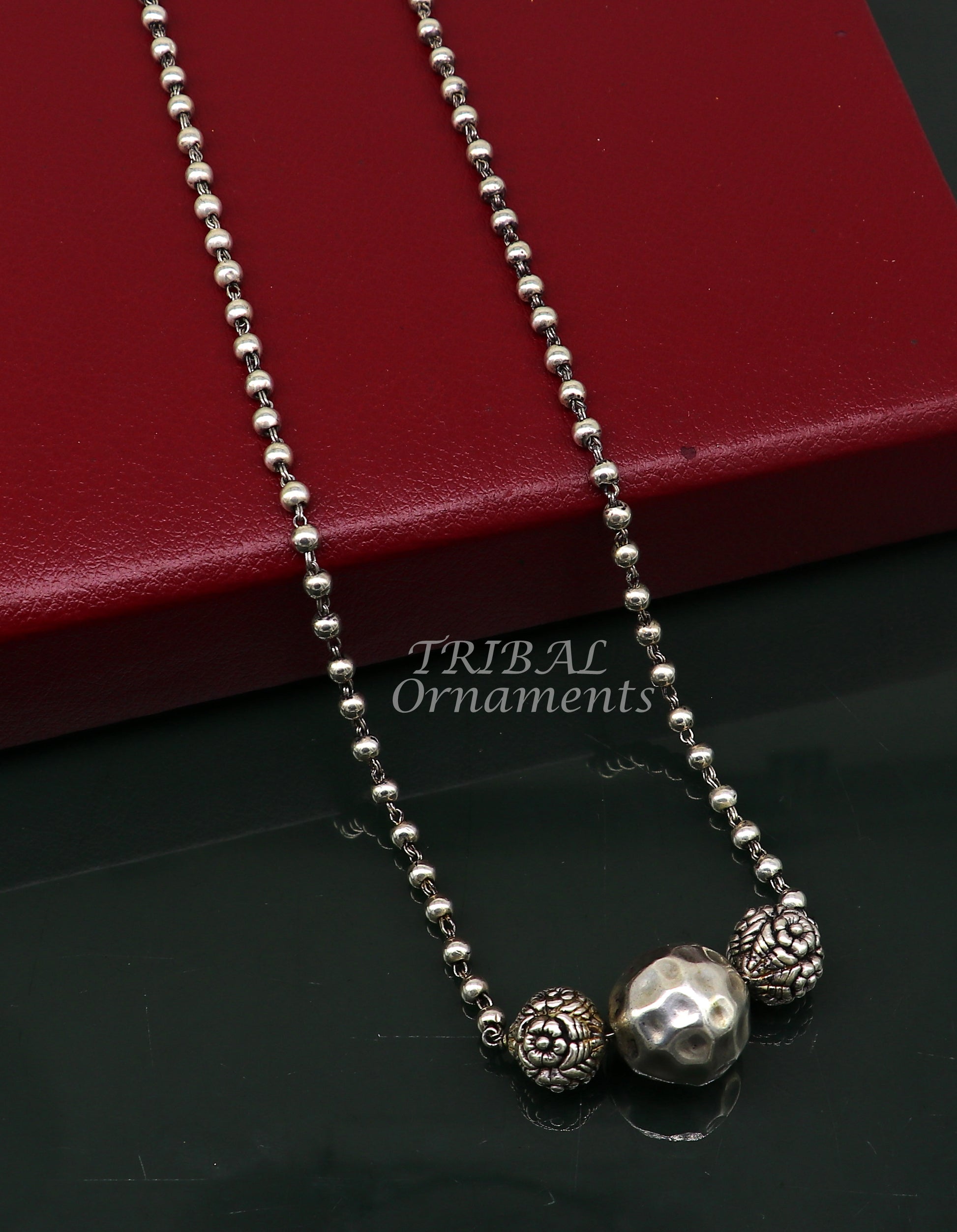 925 sterling silver handmade 4mm beads long necklace, unique ball design pendant traditional cultural functional necklace jewelry  set542 - TRIBAL ORNAMENTS