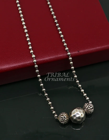 925 sterling silver handmade 4mm beads long necklace with a unique ball design pendant, traditional cultural jewelry by TRIBAL ORNAMENTS.