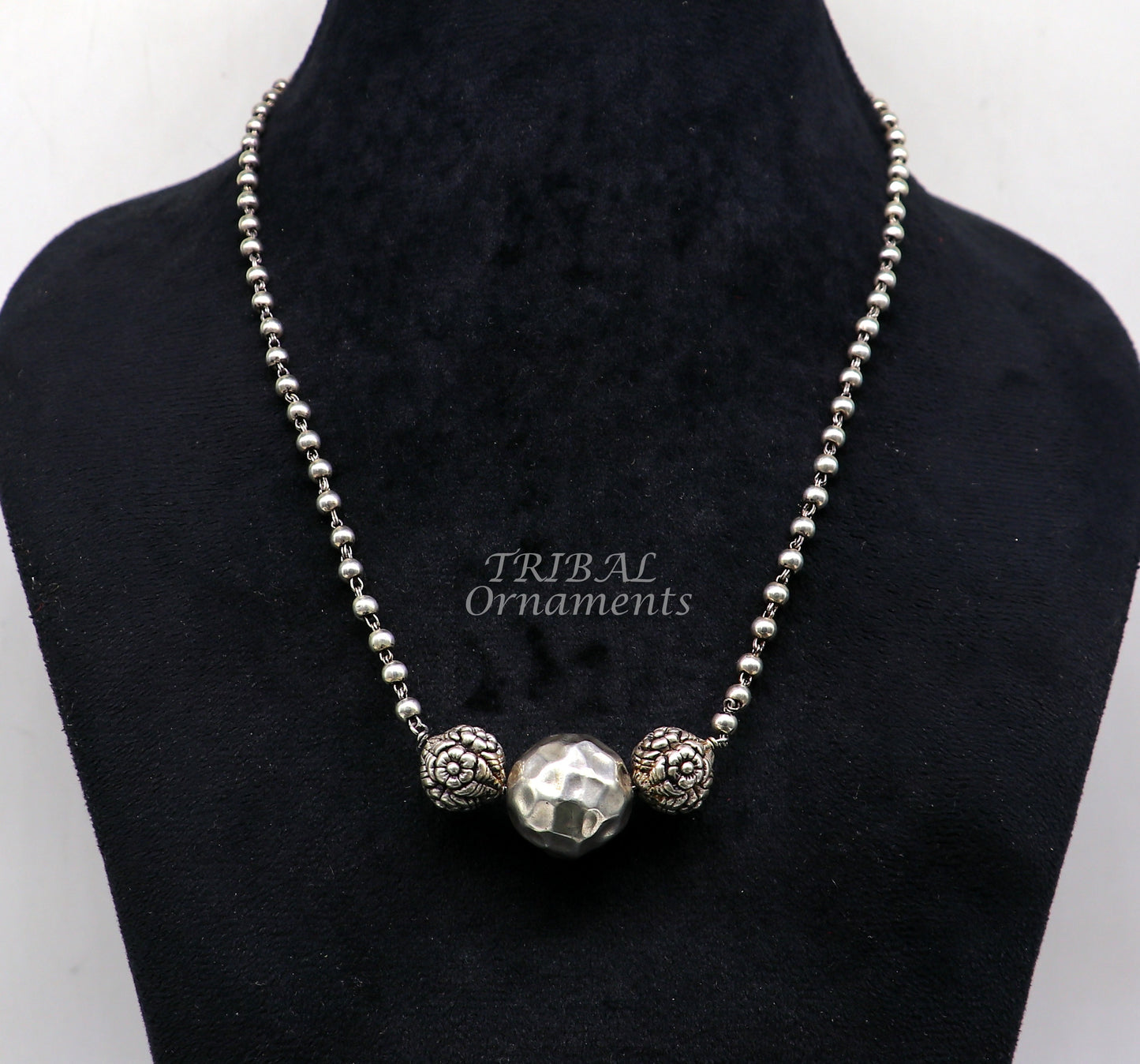 925 sterling silver handmade 4mm beads long necklace, unique ball design pendant traditional cultural functional necklace jewelry  set542 - TRIBAL ORNAMENTS