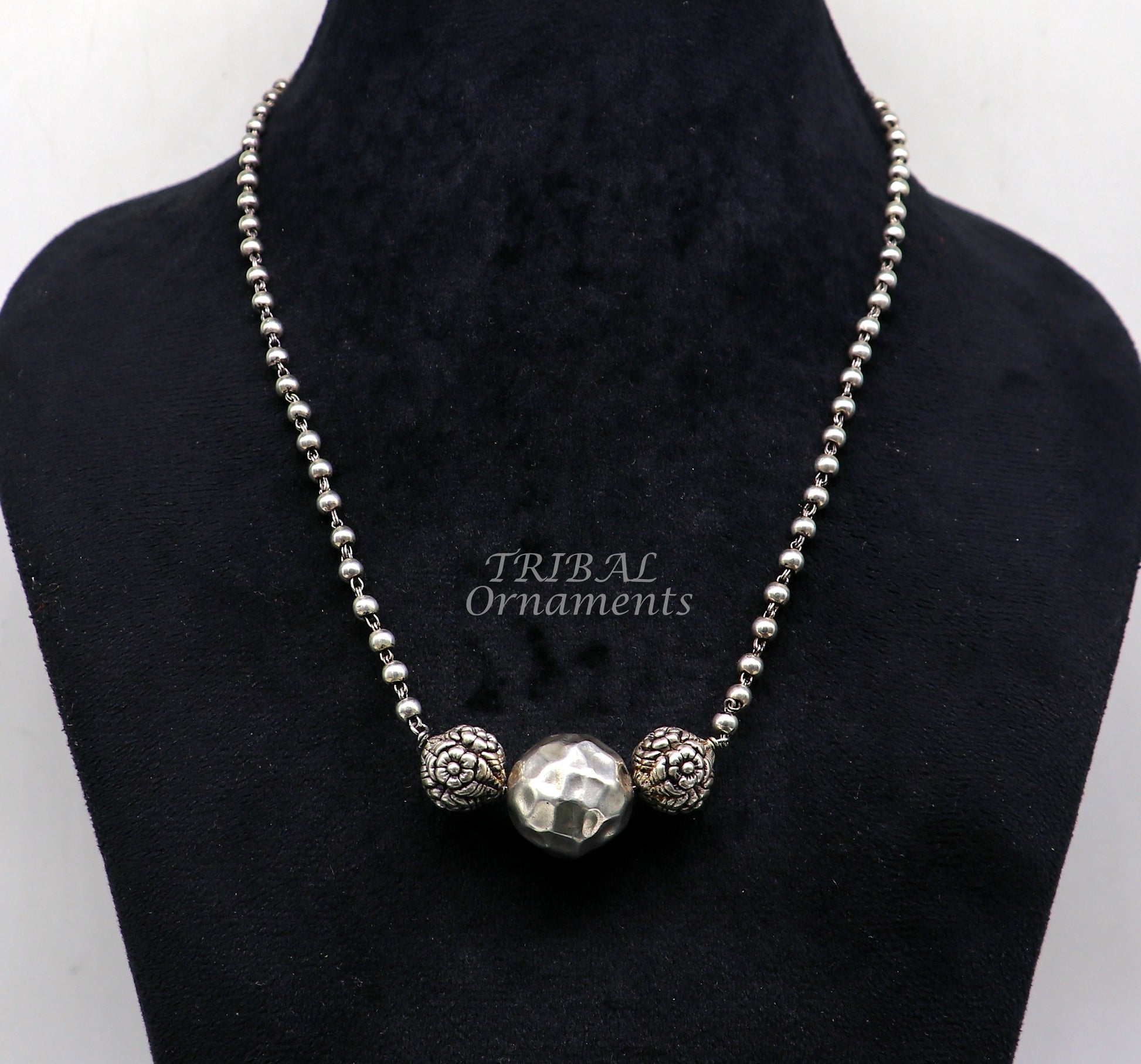 925 sterling silver handmade 4mm beads long necklace, unique ball design pendant traditional cultural functional necklace jewelry  set542 - TRIBAL ORNAMENTS