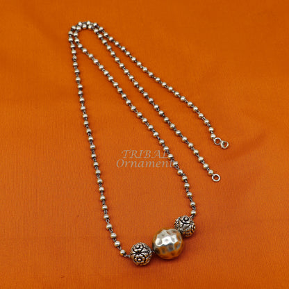 Sterling silver handmade beaded necklace with unique ball pendant, traditional cultural jewelry by TRIBAL ORNAMENTS.