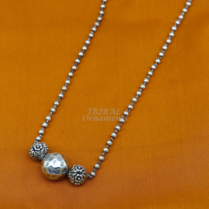 Sterling silver handmade long necklace with 4mm beads and unique ball pendant, traditional tribal jewelry by TRIBAL ORNAMENTS.