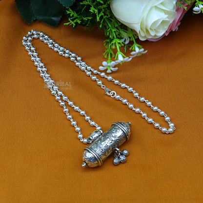 925 Sterling silver tribal pendant with intricate ethnic design, paired with a beaded silver choker from TRIBAL ORNAMENTS jewelry set.