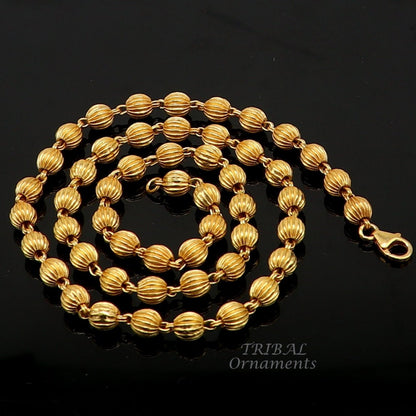 Sterling silver gold-polished beaded chain necklace by TRIBAL ORNAMENTS, vintage style silver ball chain for unisex wear.