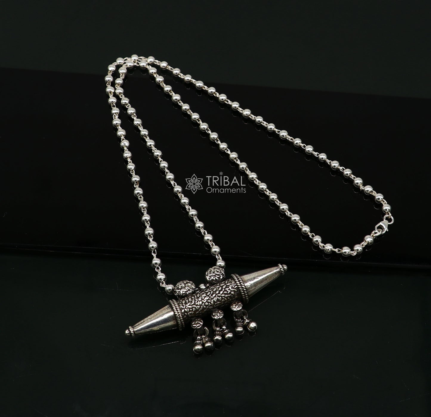 925 Sterling silver vintage tribal pendant necklace with hanging bells and ethnic design, handcrafted tribal jewelry from Rajasthan.